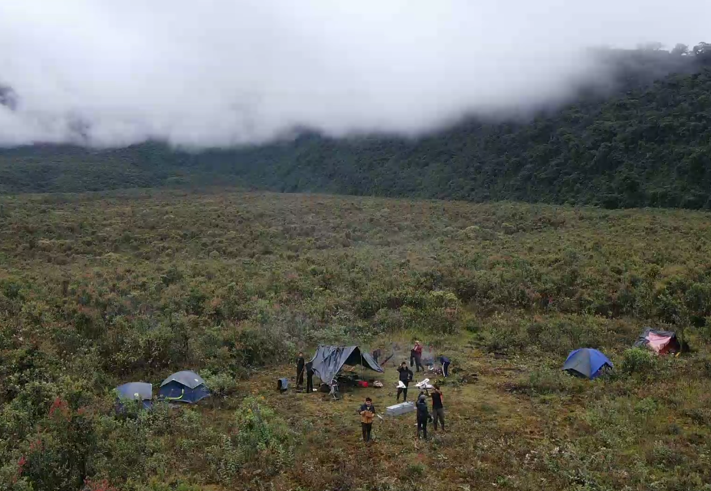 Aerial panoramic view of the base camp established for the expedition in the area.