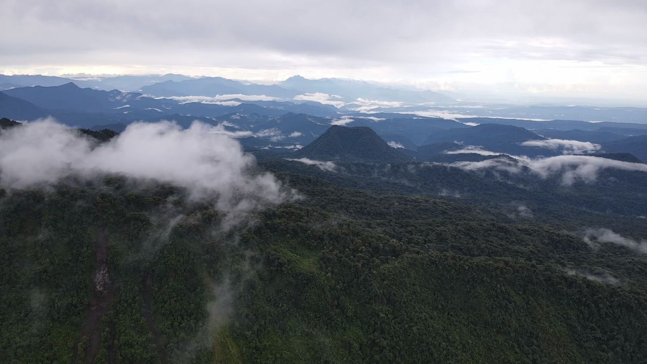 Reconnaissance flight over the mountain range and dense cloud forest of the sector.